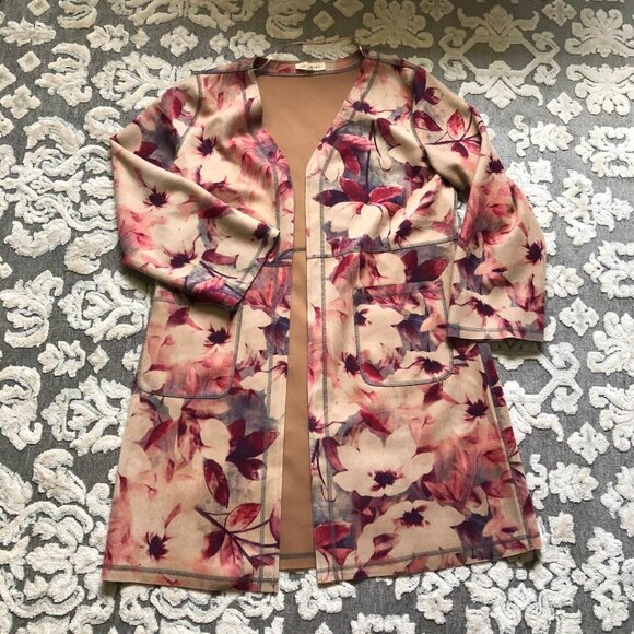 Anthropologie Solitaire, Faux Suede, Red/Mauve Floral, Kimono-style, Duster/Coat - Picture 2 of 13